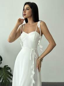 Firerie Vestido línea A con decoración floral blanca, elegante, minimalista, precioso y romántico con cintura alta, adecuado para uso diario, citas, fiestas, vacaciones