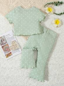 2pcs Baby & Toddler Girl Green Cute Polka Dot Print Short Sleeve Top And Flare Pants Casual Home Outfit