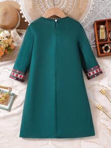 Ramadan Young Girls Print Long Sleeve Mid-Length Dress, Suitable For Daily, Festivals, Parties, Chinese New Year Young Girls Dresses - Dark Green - View 2