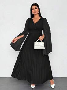 SHEIN Unity 大码女式优雅浪漫 V 领褶皱开衩长袖连衣裙超长女装