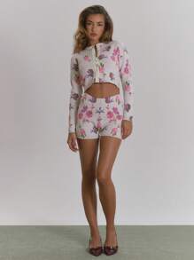 MUSERA Floral Knit Button Up Cropped Cardigan Evening Party Elegant - Cream - View 5