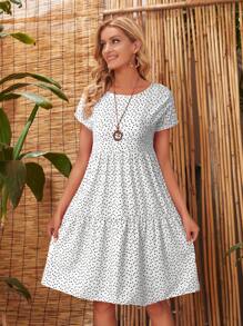 EMERY ROSE Women Heart & Polka Dot Print Crew Neck Short Sleeve Ruffle Hem A-Line Dress