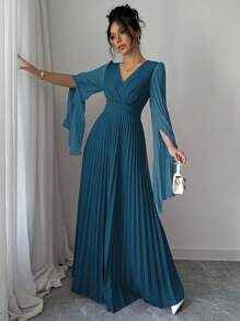 Elenzga V-Neck Pleated Open Sleeve Elegant Romantic Women Dress Maxi Women Outfit Fall Cloth For Women - Teal Blue - View 4