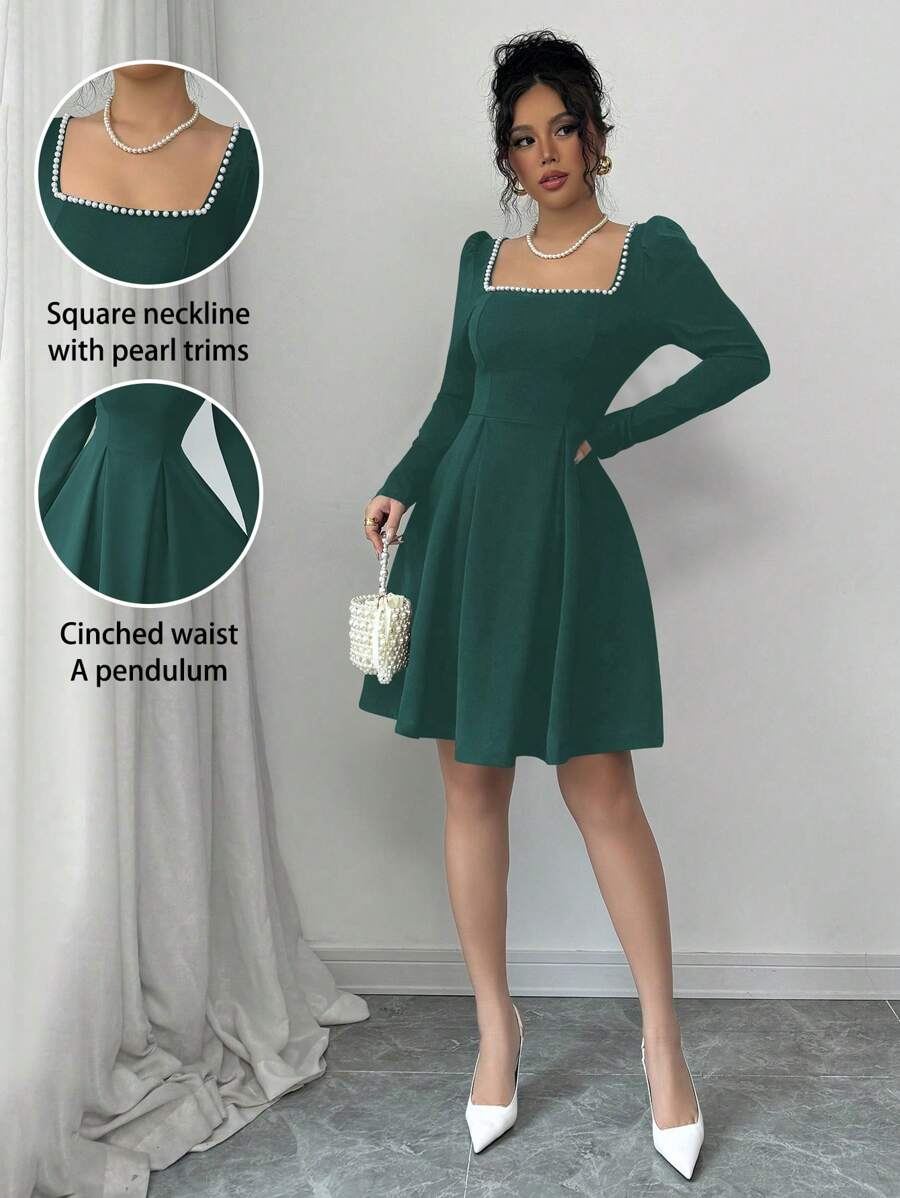 Elenzga 方领泡泡珍珠装饰腰部合身喇叭形优雅浪漫女式连衣裙 - 墨綠色 - 查看 1