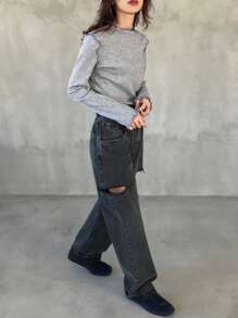 FRIFUL 女式秋季简约罗纹生菜下摆长袖T恤 - 灰色 - 查看 2