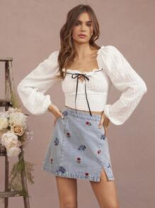 WESTFADE 春季混色花卉刺绣高腰开衩A字迷你裙夏季沙滩度假休闲可爱牛仔短裙 - 淺色水洗藍 - 查看 2