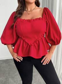 SHEIN Clasi Plus Size Women's Solid Color Square Neck Frill Puff Sleeve Heart Print Casual Spring/Summer Short Sleeve Shirt - Red - View 6
