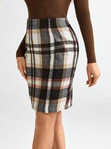 SHEIN LUNE 女式格子高腰侧开衩铅笔裙 - 彩色 - 查看 2