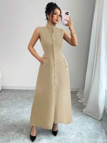 Elenzga Women Long Dress, Minimalist Style, Suitable For Summer - Khaki - View 3