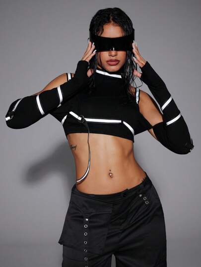 Camiseta de manga larga con parches y cinta reflectante, atuendo para festivales y raves