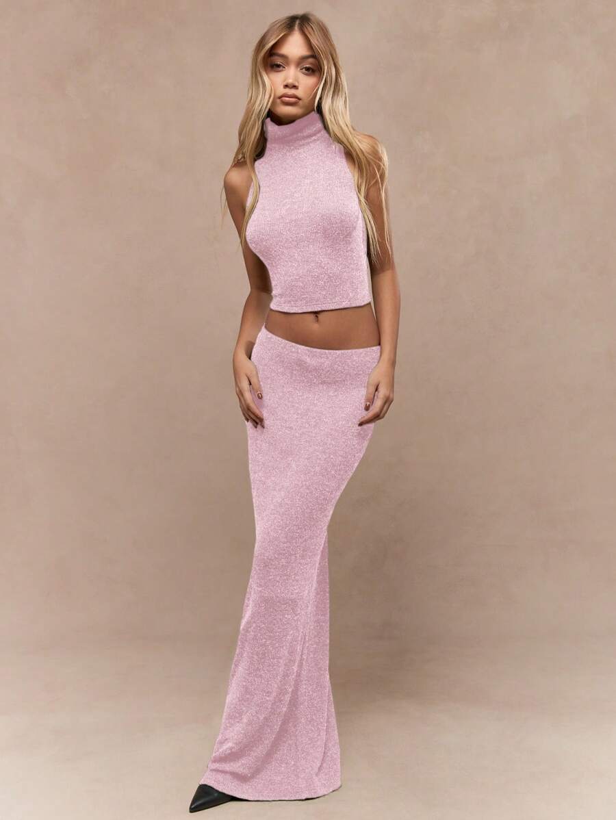 MISSGUIDED 罗纹针织两件套高领短款上衣高腰长裙冬季派对俱乐部之夜现代毛衣套装 - 粉色 - 查看 1
