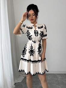 Elenzga 女士休闲花卉印花 V 领收腰连衣裙 - 彩色 - 查看 4