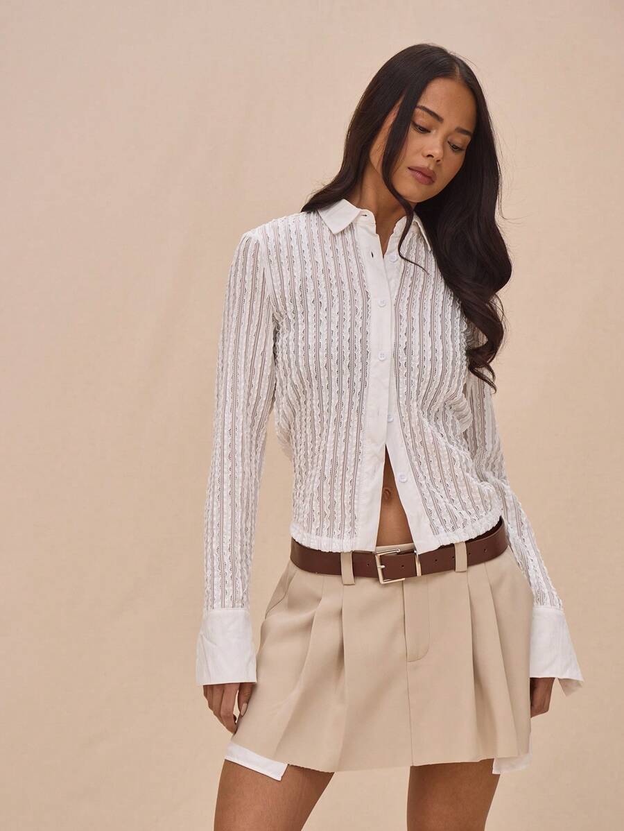 MUSERA Textured Button Through Collared Fitted Long Sleeve Extreme Cuff Shirt Spring  Cute Book Shop Holiday Fall Back To School Autumn