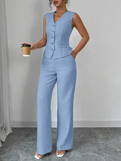 Selianne Women's Elegant And Fashionable Commuting Casual Sleeveless V-Neck Waist Tied Back Vest & Straight Leg Pants Suit, Solid Color