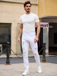 RivetRise Men's Distressed White Denim Jeans, Minimalist And Fashion, Suitable For Summer