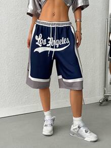 Women's Summer Letter Graphic Drawstring Waist Loose Shorts - Multicolor - View 5