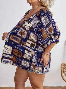SHEIN CURVE+ Plus Size Women's Front Lace Up Spring/Summer Vacation Printed Shirt With Tie Boho Vacation