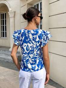 SHEIN Frenchy Women's Round Neck Double Layer Frill Sleeve Floral Print Vacation Blouse