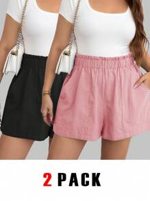 SHEIN Clasi 2pcs Plus Size Summer Shorts, Breathable & Comfortable With Large Pockets, Black & Army Green - Pink - View 1