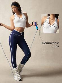 VARSITIE 白色高弹力撞色边饰印花短款运动背心 - 白色 - 查看 1