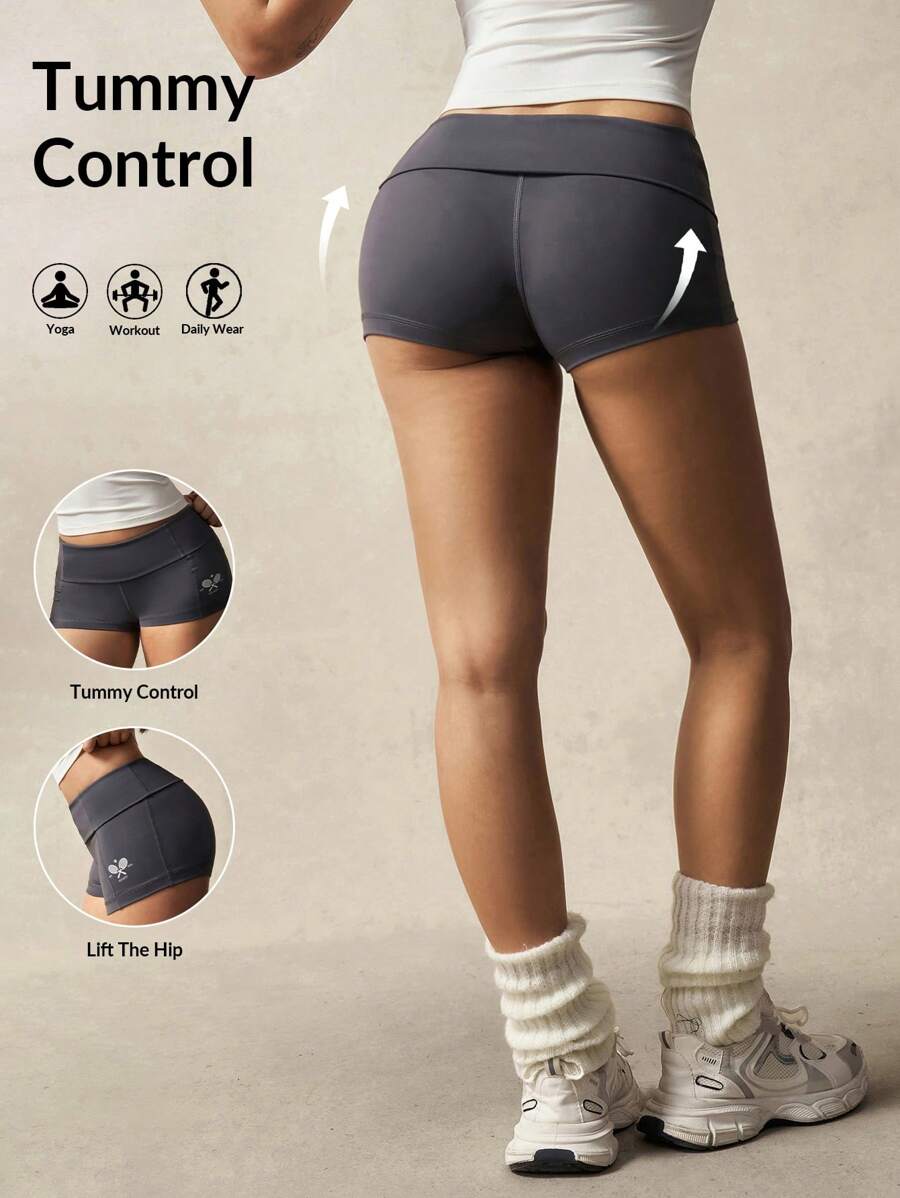 VARSITIE Tight Racket Print Foldover Waistband Yoga Sports Shorts - Dark Grey - View 1