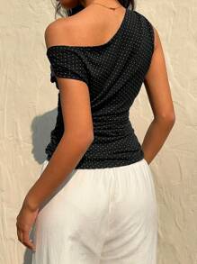 Sunnyshic 女士休闲圆点不对称领口衬衫 - 黑色 - 查看 2