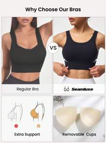 Gameset SHEIN Sport High Impact Seamless Sports Bras ,Sports Bra With Sewn-In Pads, High Impact Support With Non-Removable Pads Molded Cups,For Women High Support Racerback,Workout, Yoga, Running - Black - View 3