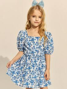 SHEIN Young Girls & Elegant Floral Print Ruched Collar Chiffon Dress, Spring/Summer - Multicolor - View 4