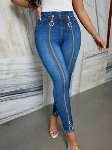 SHEIN LUNE 女款2025新款数码拉链图案修身打底裤（定位花卉）