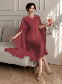 DAZY Đầm midi tay cánh dơi cổ tròn màu trơn cho nữ, đầm suông thanh lịch, đầm thu, đầm dài tay màu đỏ cho nữ - Màu Đỏ Sâu - Xem 4