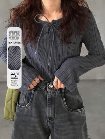 FRIFUL 女士纯色前系带长袖休闲简约 T 恤，日常穿着夏季