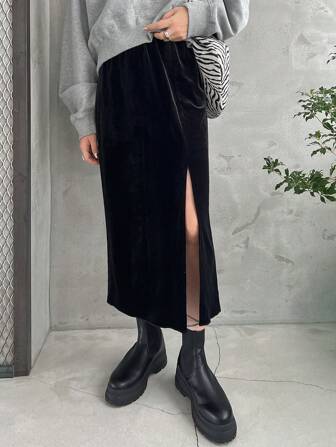 FRIFUL ベロア素材 ストレート ハイスリット スカート 秋冬用