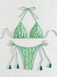 SHEIN Swim 女士颈带比基尼套装，夏季简约时尚泳装 - 綠色 - 查看 5