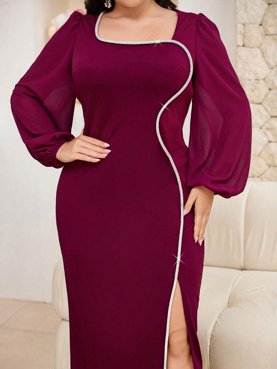 Modelyn Elegancka sukienka imprezowa z kryształkami i rozcięciem na rękawie w dużym rozmiarze - Burgund - Zobacz 1