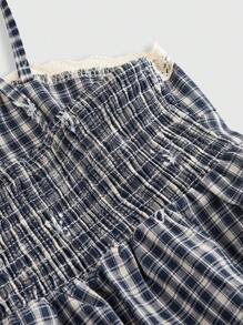 ROMWE Academia 复古休闲学院风复古门襟纽扣格子刺绣蝴蝶结细肩带蕾丝边女式吊带背心