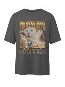 Professional Napper Cat Meme T-Shirt Funny Cat Lover Gift, Women Vintage Style Oversized Short Sleeve Crew Neck Pullover Suitable For Spring/Summer - Grey - View 3