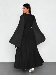 SHEIN Unity 大码女式优雅浪漫 V 领褶皱开衩长袖连衣裙超长女装