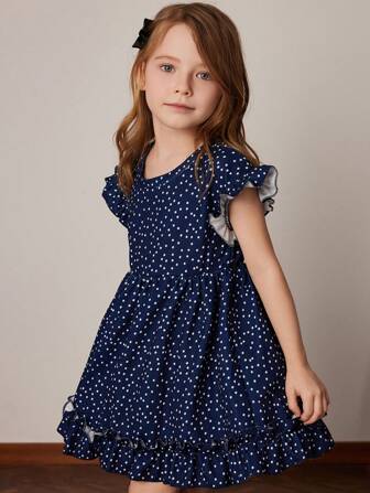 PrepCrw 少女深蓝色底色配白色圆点针织荷叶边领连衣裙，春夏