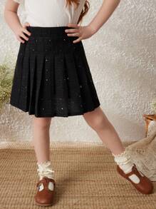 PrepCrw 年轻女孩宽松松紧腰百褶裙，编织黑色女学生风格，秋冬 - 黑色 - 查看 4