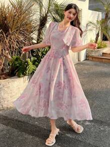 DAZY V-Neck Floral Print Ruffle Sleeve Mid-Calf Length Dress For Women,Fall Dress Long Sleeve Dress Vacation Outfits Women - Pink - View 10