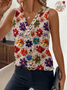 SHEIN Clasi 女士纹理印花纽扣衬衫，简约时尚，适合夏季 - 彩色 - 查看 1