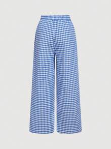SHEIN MOD Blue & White Plaid Straight Leg Pants With Elastic Waist, Casual Plus Size Women Maxi, Loose Waist Low-Rise Plaid Long Pants, Spring Trousers,Baggy Pants,Linen Pants,Beach Casual Wear - Blue and White - View 2