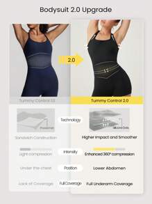 GLOWMODE 4.3" FeatherFit™-Air Sweat-Wicking Quick-Dry Tummy Control Corset Round-Neck Crossover Back Bodysuit Jumpsuit Romper With Side Pockets Low Impact Yoga Pilates Studio Daily Casual Wear Removable Cups