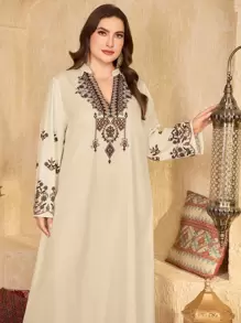 Al Najma Plus Size Women Floral Print V-Neck Long Sleeve Arabian Dress,Modest