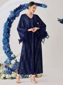 Al Najma Women's Pattern Patchwork Fluffy Cuff Loose Arabic Style Dress - Navy Blue - View 5