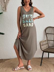 SHEIN New Summer Knitted Printed Round Neck Sleeveless Simple Casual Dress - Coffee - View 3