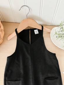 SHEIN Baby Girl Cute & Versatile Gray Knit Bib Jumpsuit, Suitable For Spring And Summer - Black - View 5