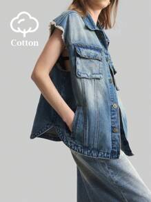 Ontre 女士休闲宽松无袖牛仔夹克和背心，蓝色