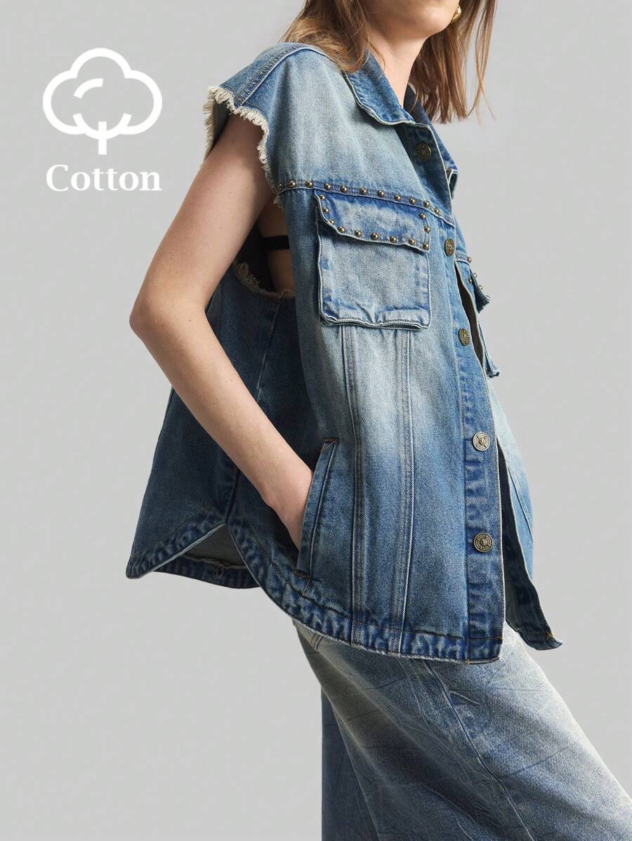 Ontre 女士休闲宽松无袖牛仔夹克和背心，蓝色