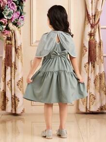SHEIN 2pcs/Set Young Girl Gorgeous Princess Dress With Shiny Mesh Cape, Bow Waist Belt, Luxury High-End Summer Cover-Up